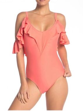 🌺NICOLE MILLER COLD SHOULDER CORAL ONE PIECE SWIMSUIT SIZE XL🌺